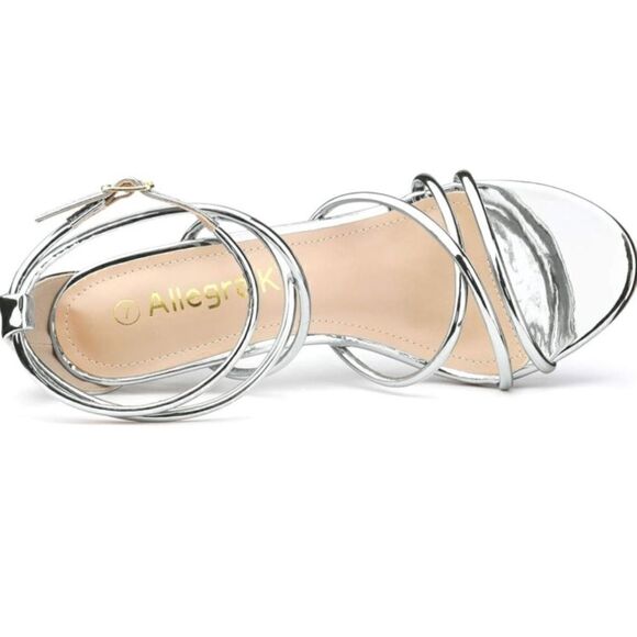 Allegra K Silver Open Toe Ankle Strappy Stiletto Heel Sandals Holiday Party Shoe - Picture 14 of 15